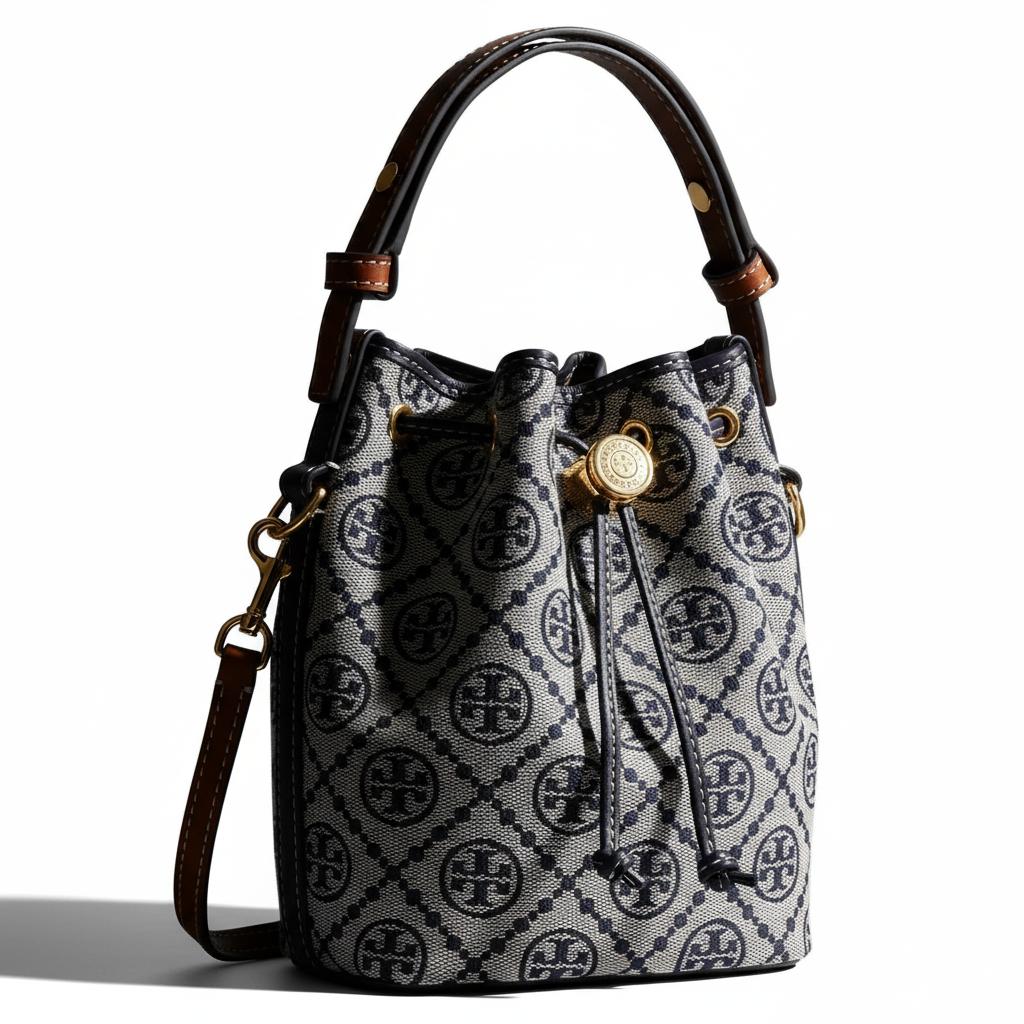 Tory Burch T Monogram Letter Pattern Metal Buckle Fabric And Leather Bucket Bag Mini Women Bags Navy-Blue Gray 181375-405