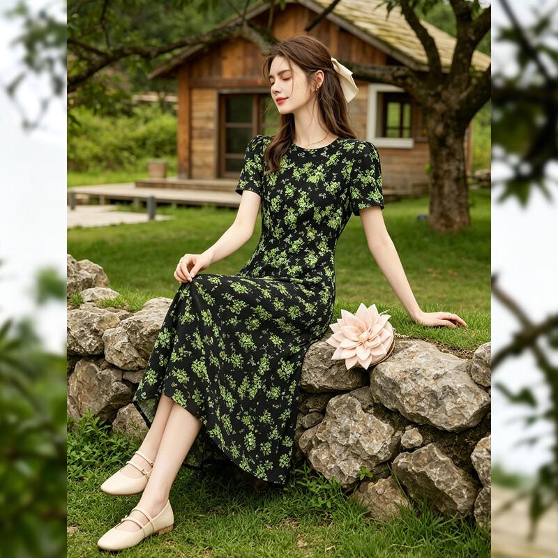 French Retro Floral Print Maxi Dress