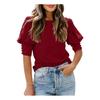 Women Top Round Neck Patchwork Lantern Sleeves Solid Color Loose OL