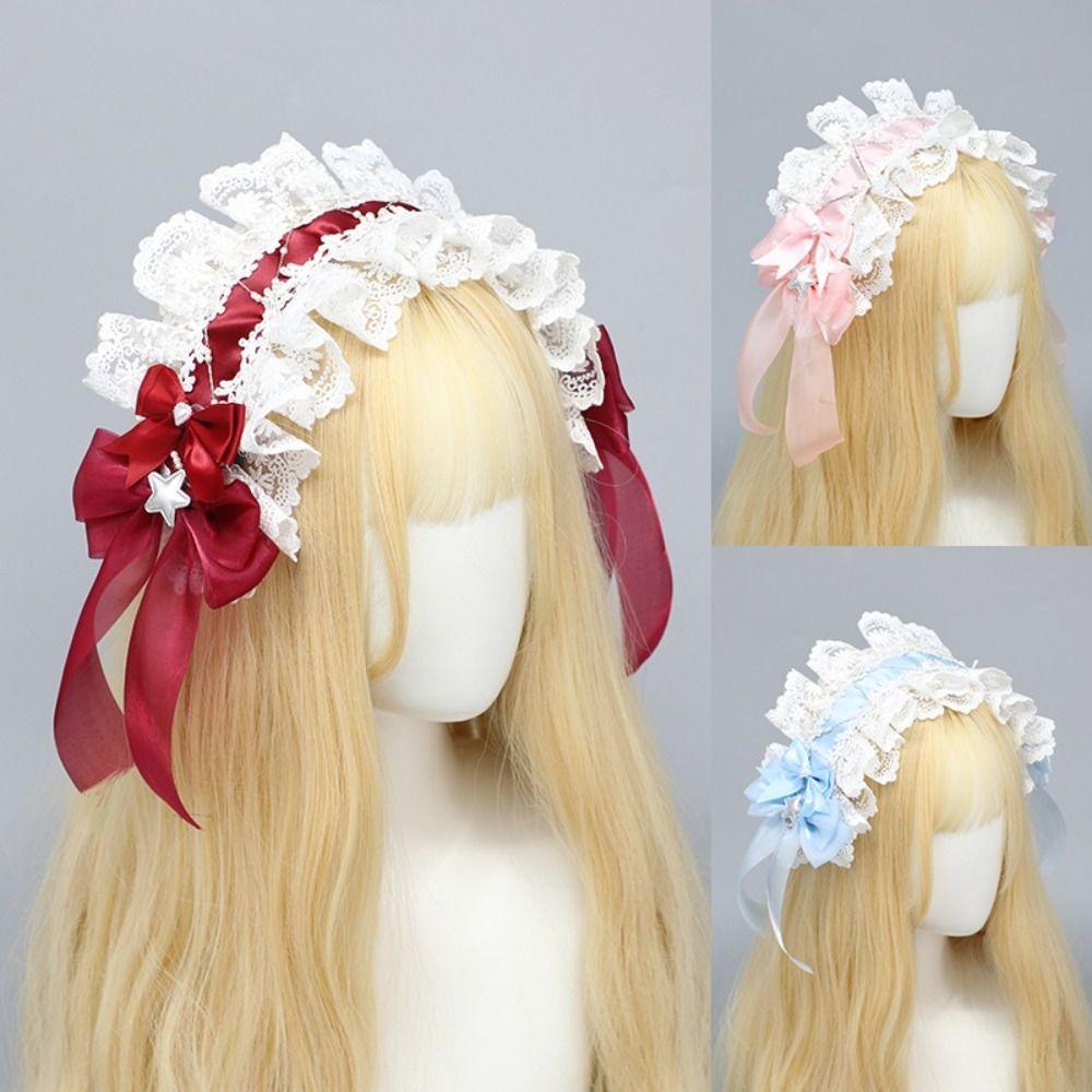 Ribbon Bow Lolita Lace Headband Sweet Anime Maid Cosplay Headdress Cute Ruffled Hairband Daily