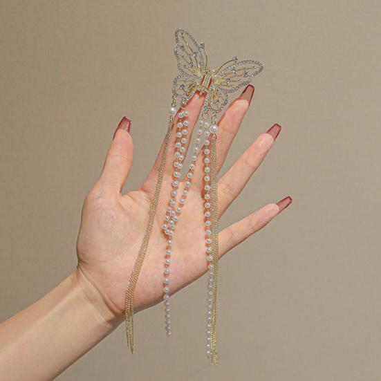 Hair Clip Realistic Butterflies Luxury Hollow Out Long Tassel Faux Pearl Fix Hair Non-Slip Hair Decoration Stable Back Head Hair Clip Hair Accessories