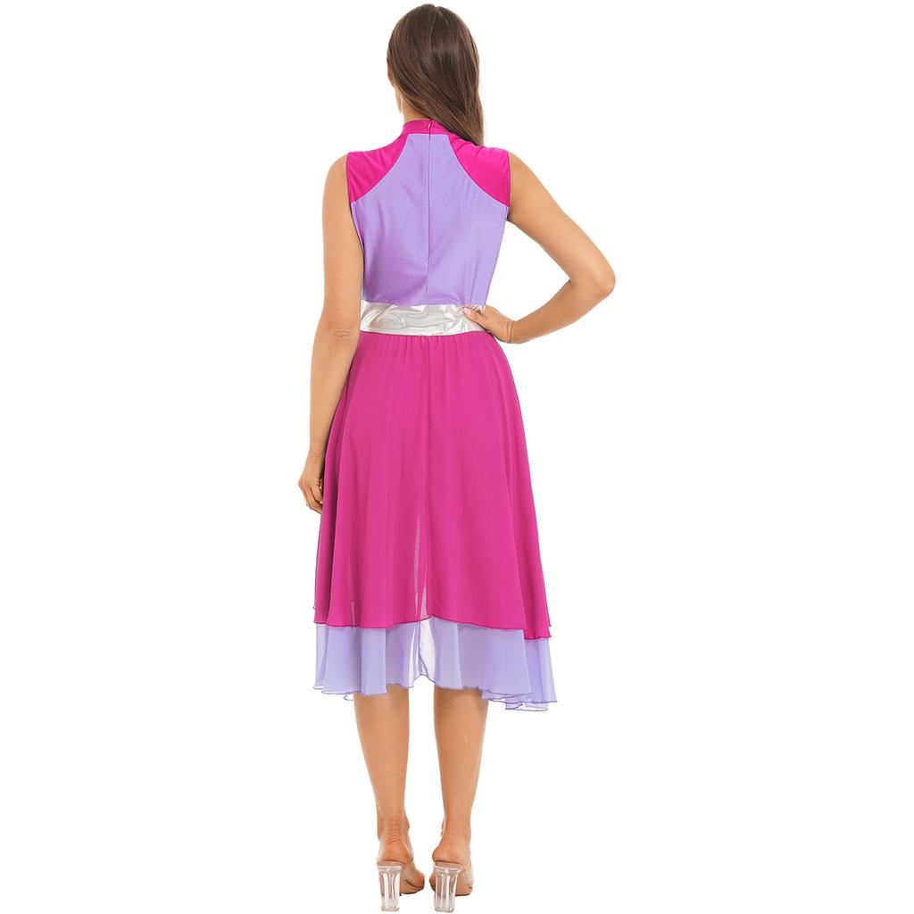 Womens Color Block Dance Dress Sleeveless Mock Neck Design Split Asymmetrical Hem Performance Wear