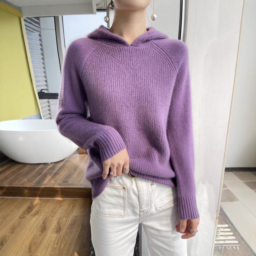 Women's Pure Wool Hooded Knit Sweater with Raglan Sleeves for Autumn and Winter
