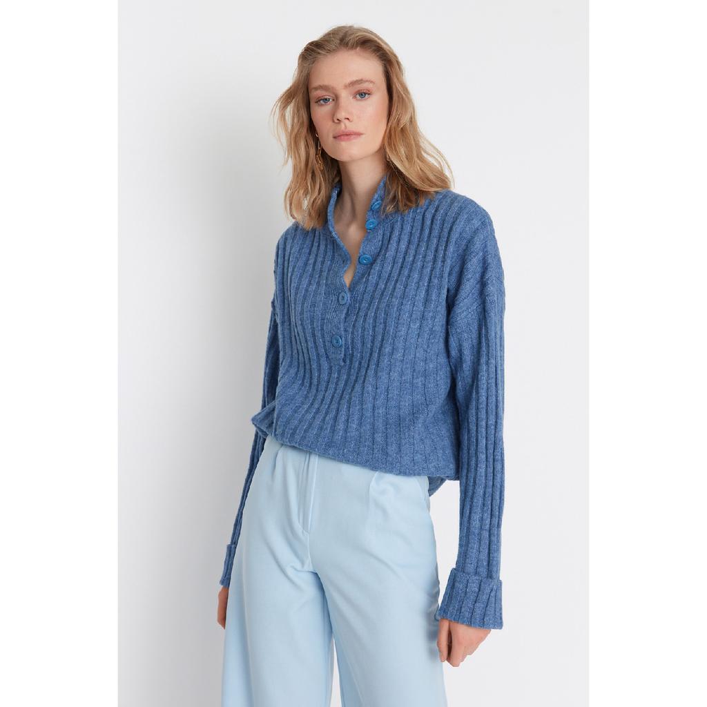 Pulover din tricotaje cu guler înalt, texturizat moale, model lat, ecru Twoaw21kz0783