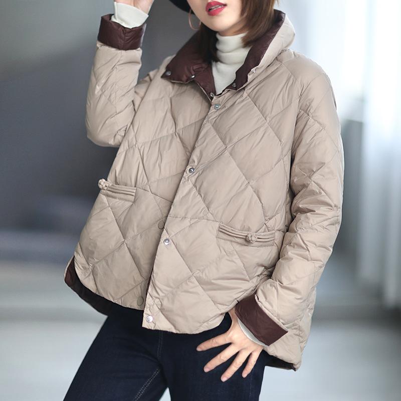 Jesień i Zima Stójka Klamra Kieszeń Peleryna w kształcie litery A Luźna Kratka w romby Ciepła Kurtka puchowa Kurtka z dopasowaniem kolorów Kobiety