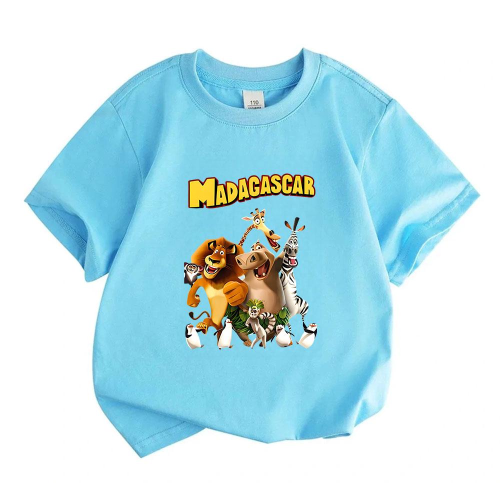 Kids Boys Girls 100% Cotton Crew Neck Short Sleeve T-Shirt, Funny Madagascar Animal Group Print Casual Soft Tee for Summer Daily Playwear, Top for Chi