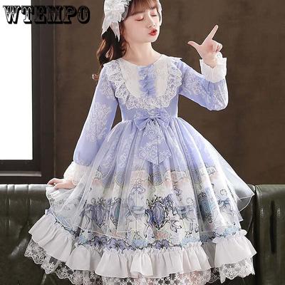 Mädchen-Lolita-Märchen-Prinzessinnenkleid, Kinder-Lolita-Kleid, süßes Feenkleid, Retro-Hof-Stil, Spitze, Patchwork, bemalt, Dekoration, Rock + Kopfbedeckung
