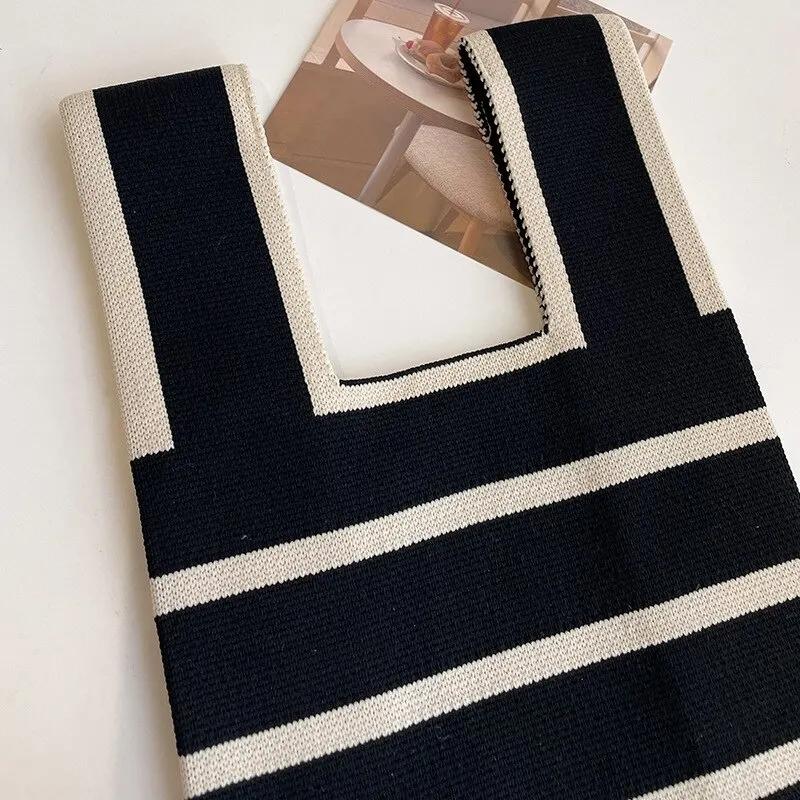 Handmade Knit Handbag Women Mini Knot Wrist Bag Fashion Casual Color Wide Stripe Plaid Tote Bag