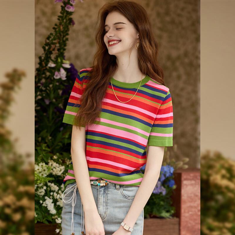 Women's Striped Color Block Knit Short-Sleeve Top