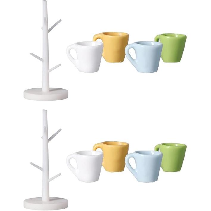 Dollhouse Cup and Cup Holder, Mini Simulated Furniture Decoration Miniature Wood Coffee Mug Holder Stand Dollhouse Decoration Rack for Household 2 Set