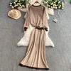 Autumn Winter Women Casual Knitted Sweater Two Piece Set V-neck Pullover Tops and Long Maxi Big Swing Skirt Suit