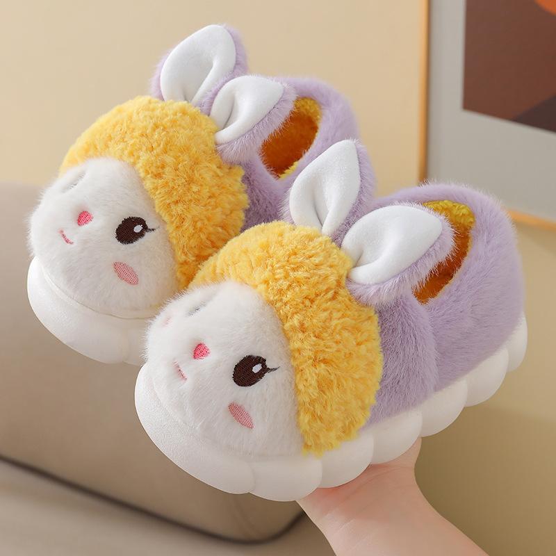 Children's cotton slippers winter velvet thickened warm soft sole non-slip home cartoon cute boy and girl baby parent-child shoes