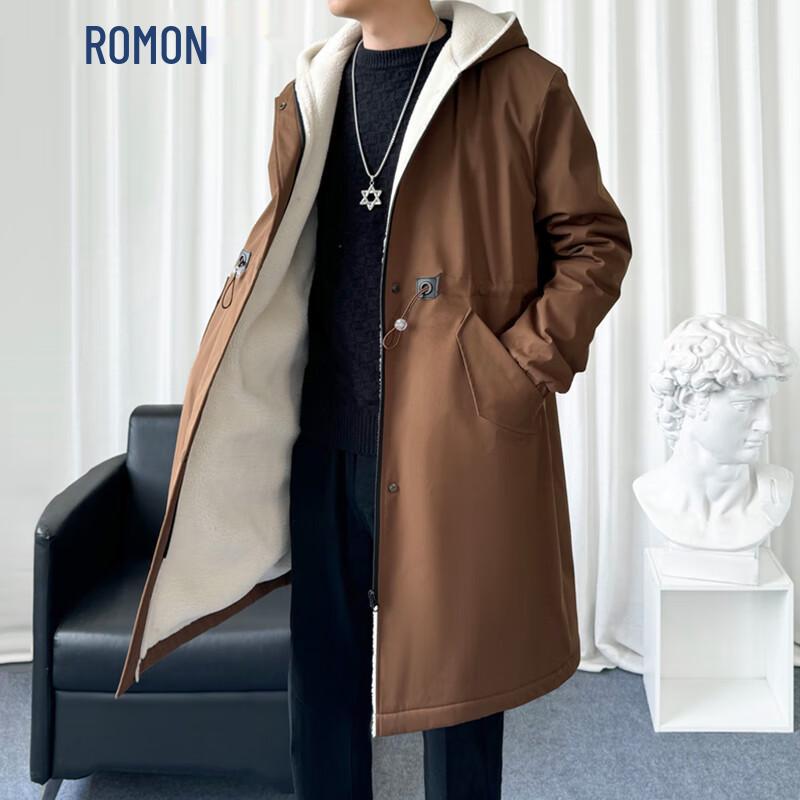 ROMON Men's Hooded Mid-Length Trench Coat