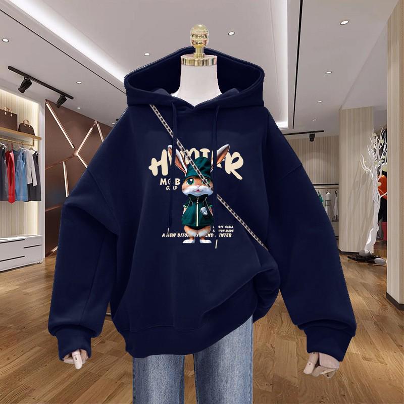 Women's Cartoon Print Fleece-Lined Hooded Sweatshirt - Stylish, Cozy, Loose-Fit, Couple-Friendly Outerwear