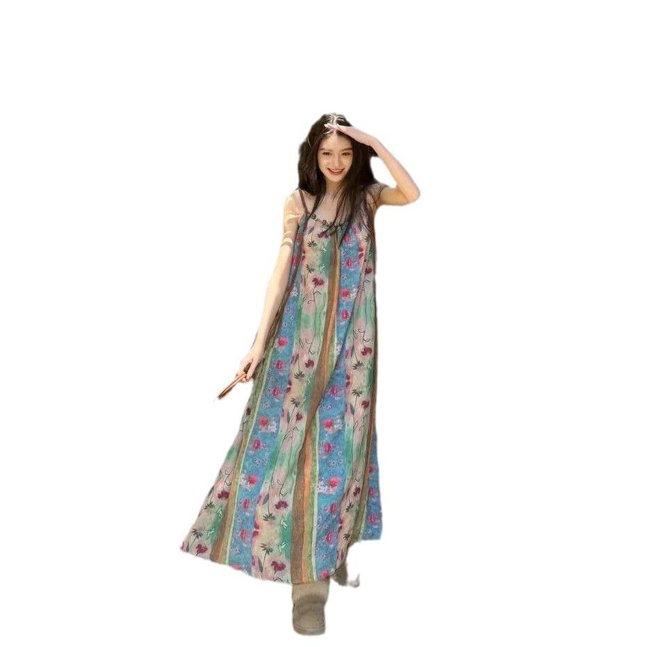 Seaside vacation suspender dress children's summer new French retro floral temperament casual wind beach dress