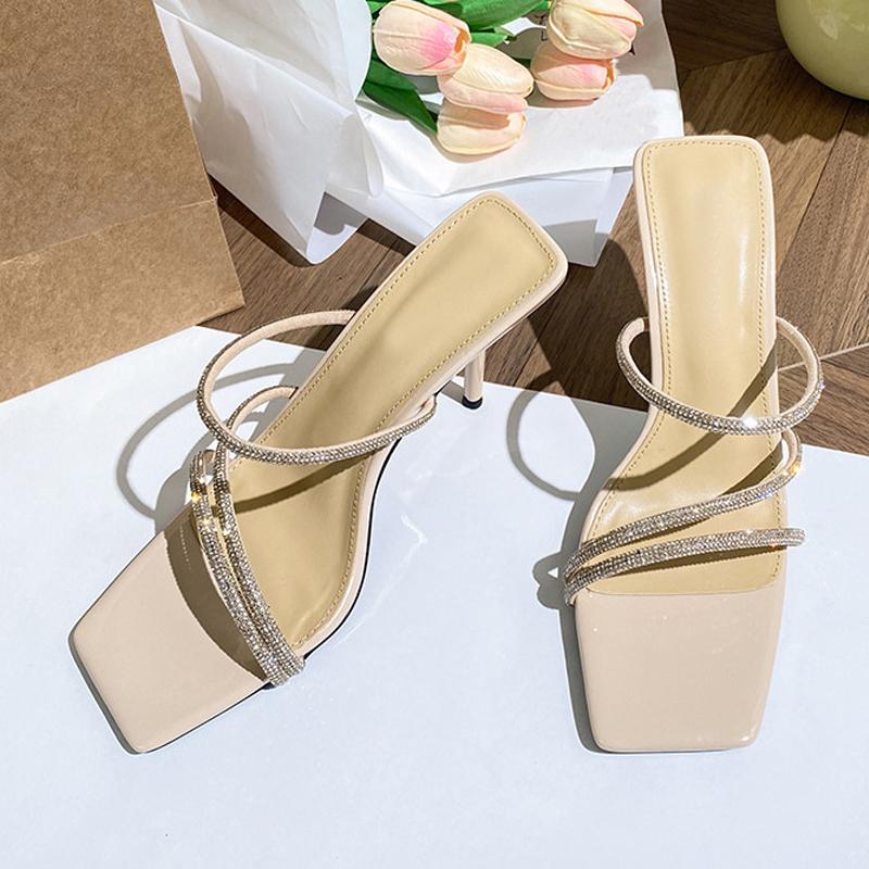 Mode Liyke Street Sexy Eckige Zehen 6CM 9CM Dünne Hohe Absätze Moderne Slipper Damen Kristall Strass Schmaler Riemen Damenschuhe Sandalen