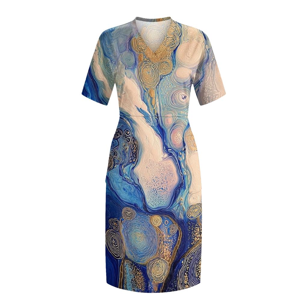 Letní nadměrné velikosti V výstřih krátký rukáv ke kolenům kapsa potisk ležérní šaty pro ženy