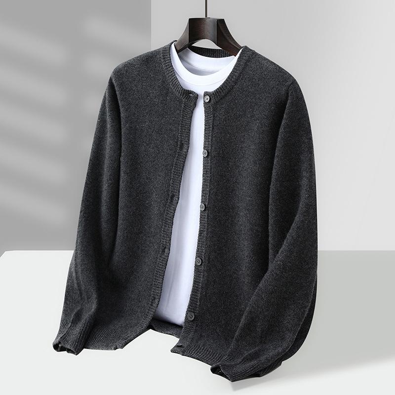 

Мужской кардиган с круглым вырезом из 100% чистой шерсти - Утолщенный вязаный свитер в стиле business casual M