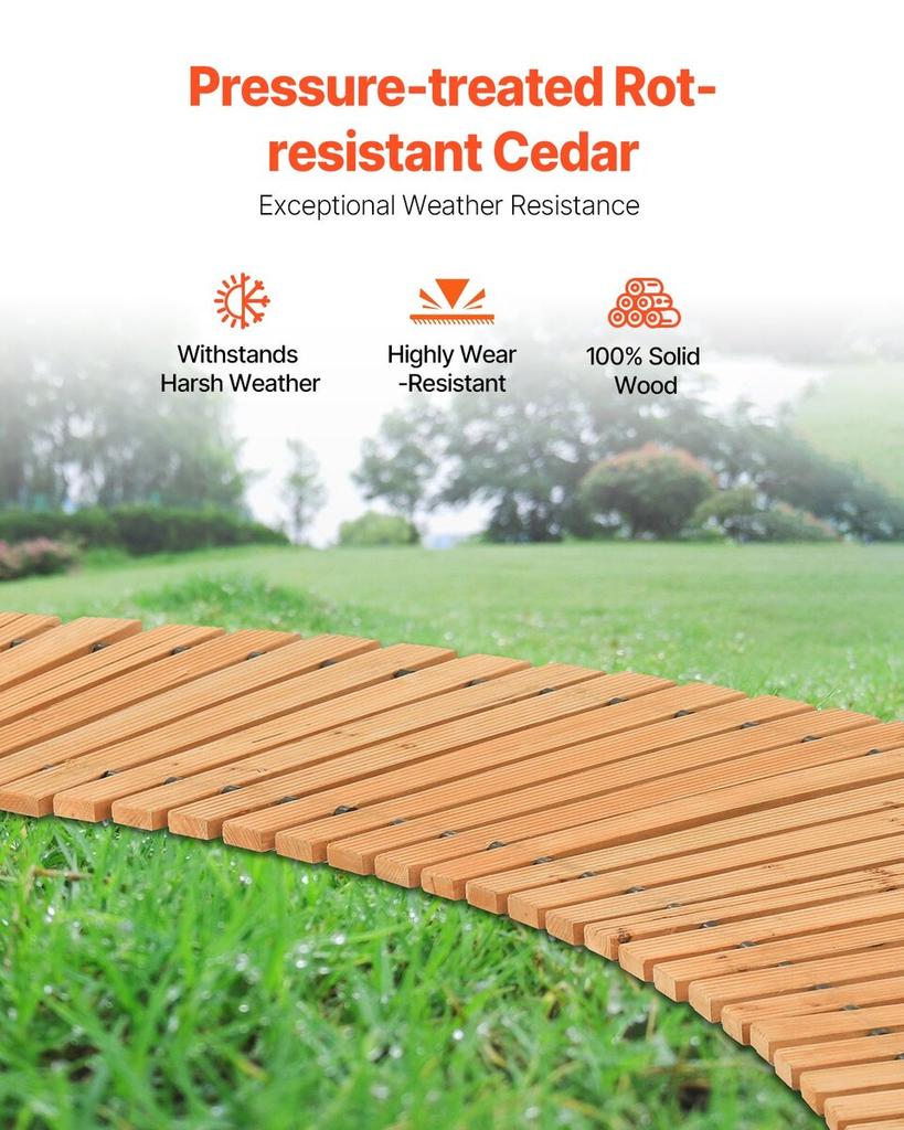 Wooden Garden Pathway, 7 Ft X 17 In, Non-Slip Curved Garden Walkway, Roll Out Cedar Outdoor Walkway Path with Wire Rope Connection, Decorative Lawn