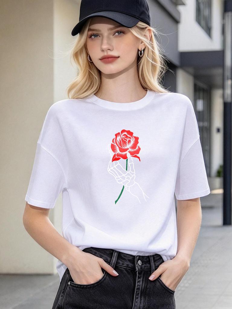 Skull Hand Rose Print Casual Soft Short Sleeve Fashion Comfortable Tops