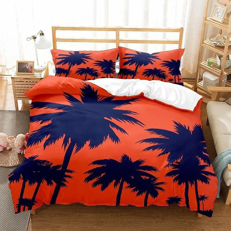 Beach Duvet Cover Twin King Size Microfiber Coconut Palm Trees Bedding Set Sunset Tropical Sandy Beach Landscape Comforter Cover