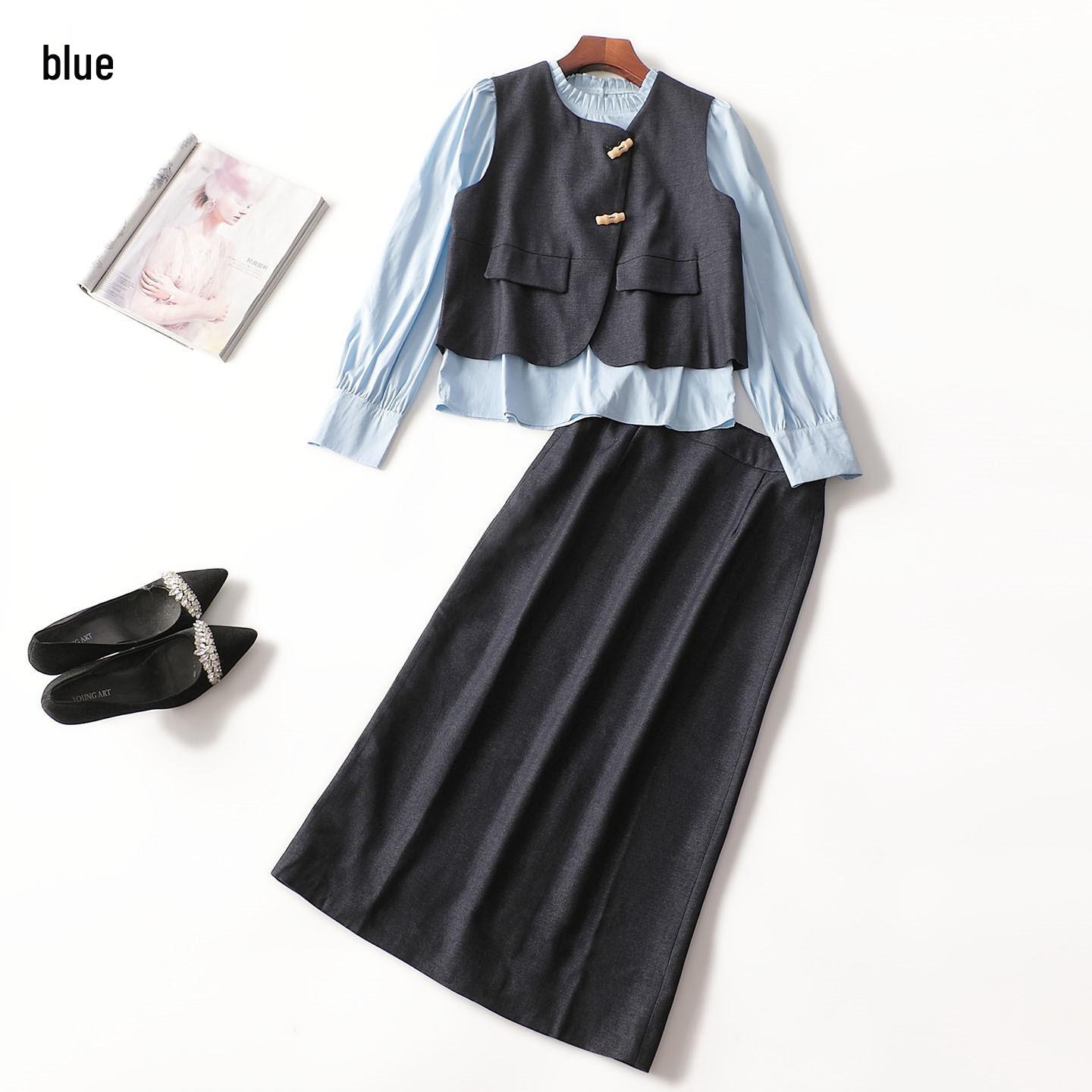 

Autumn Long Sleeve Mid-Length Vest and Skirt Set L синій