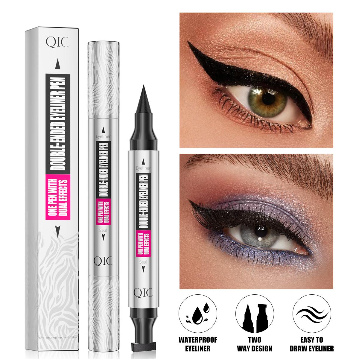 QIC Dual Tip Eyeliner Stamp Pen - Waterproof, Quick-Dry, Long-Lasting & Smudge-Proof for Beginners, Natural Look with Black