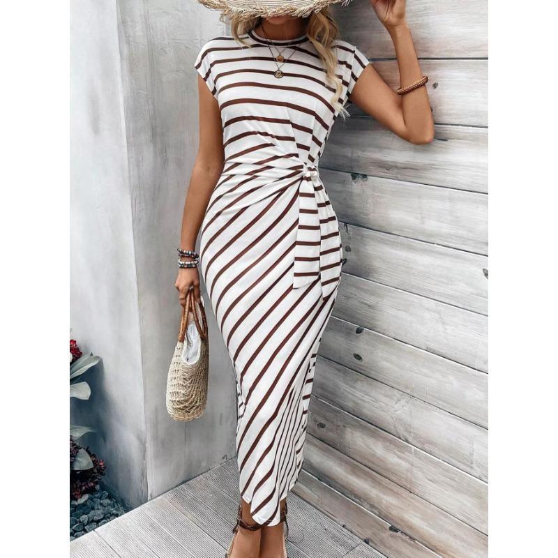 Damen Sommer Temperament Elegant Taille Binden Streifen Rundhals Kurzarm Lange Kleider