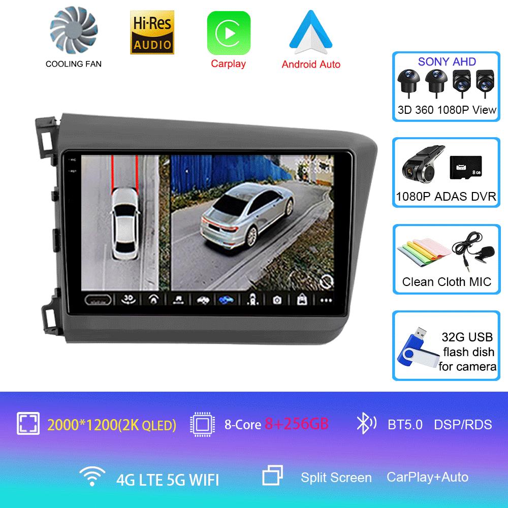 Car Radio Carplay Auto WIFI+4G For Honda Civic 2012 2013 2014 2015 Android 14 Multimedia Player Stereo GPS Head Unit No DVD 2Din
