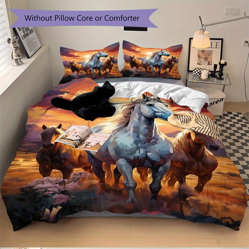3pcs Animal-themed Horse Sunset Soft and Comfortable Breathability, Bedding Set, Machine Washable, Suitable for All Seasons134