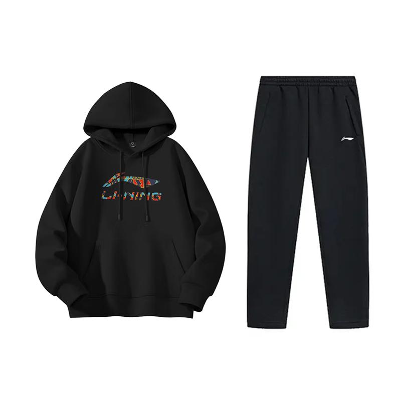 Li Ning Logo Fashion Print Loose Fleece Warm Comfortable Versatile Hooded Sweatshirt Long Sleeve Casual Sports Suit YWDV375-3-AKL75-5