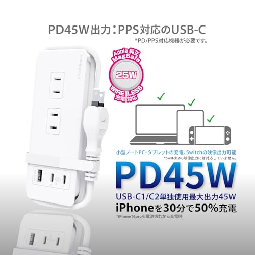 Kashimura Power Strip with Cable Wrapping! Compatible with 100-240V Input for Domestic and International Use, 45W PD Power, 18W Fast Charging, 4 AC Ou