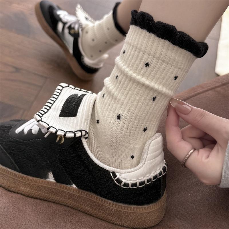 

Кружевные носки в горошек, Женские носки из чистого хлопка, Утепленные теплые носки средней длины для осени и зимы, Зимние женские длинные носки 1 pair молочный белый
