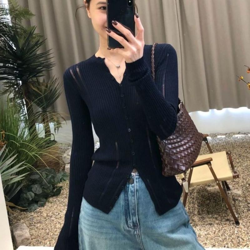 

Новый осенний базовый топ с изящным и высококлассным видом, представляющий собой ажурный трикотажный свитер с длинными рукавами для женщин one size тёмно-синий