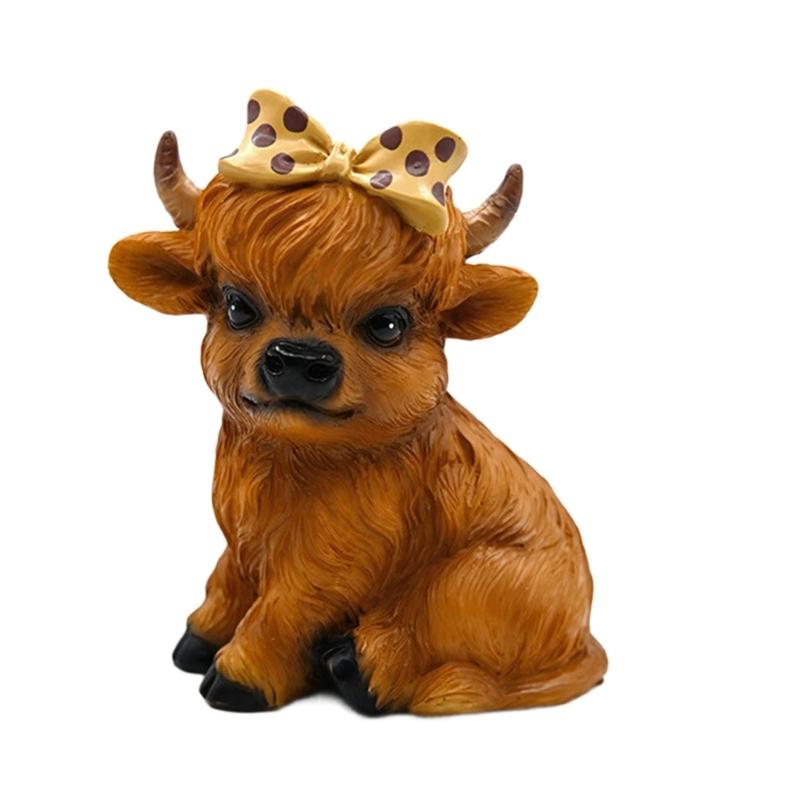 Niedlicher Hochlandrind-Kalb Harzfigur mit detaillierter Schleife Miniatur Heimdeko Statue für Bauernhaus Etagen-Tablett