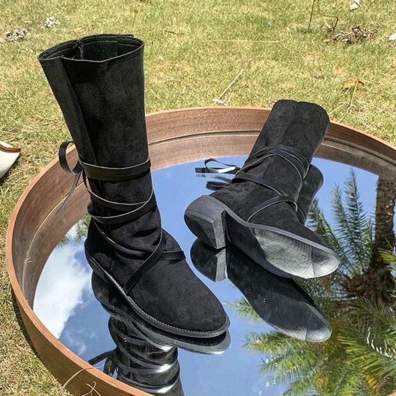 Ladies Mid Calf Shoes Autumn Women's Half High Boots New In Pointed Toe Quality Winter 2025 Novelty Boot Work Designer Luxury Pu