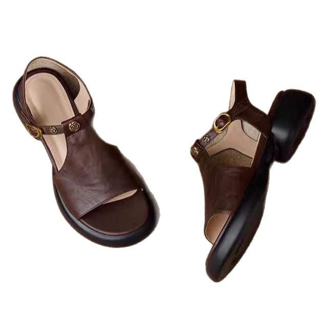 Version aus weichem Leder~ Sandalen mit runder Spitze und Kamelie mit offenem Zeh für Damen, Sommer 2025, neu, Römersandalen mit dicker Sohle, Retro, lässig