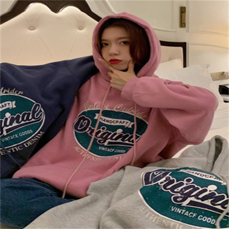 Women's Hooded Long Sleeve Sweatshirt Loose Fit Vintage Letter Printed Pullover Hoodie Couple Autumn Daily Outerwear