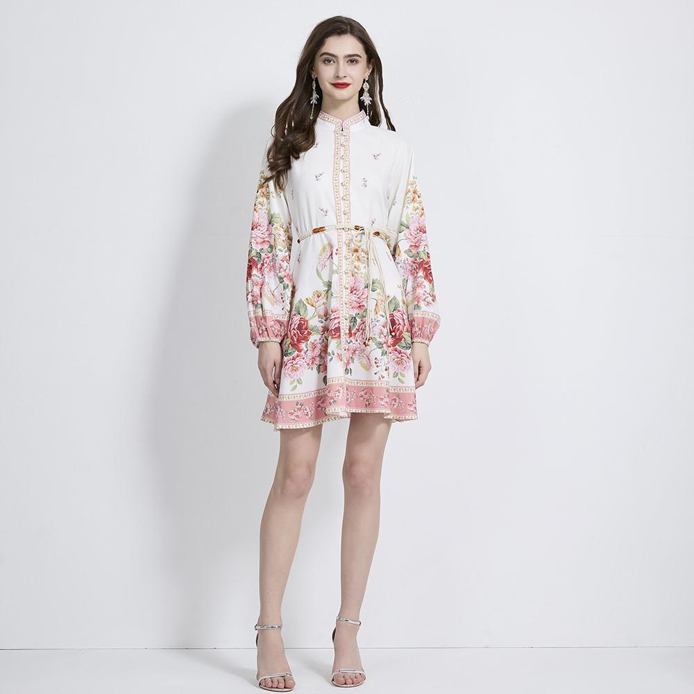 Spring Autumn Women Vintage Print Single Breasted Lantern Sleeve Mini Short Holiday Beach Dresses With Belt