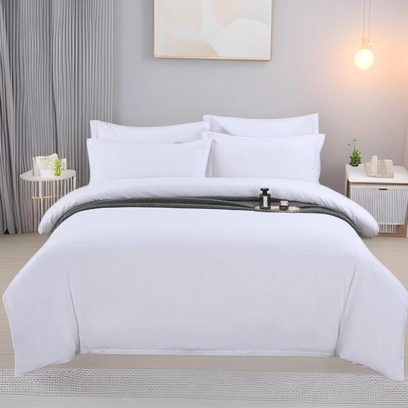 Washed Cotton 4-Piece White Bedding Set for Hotels and Guesthouses, Fitted Sheet Style