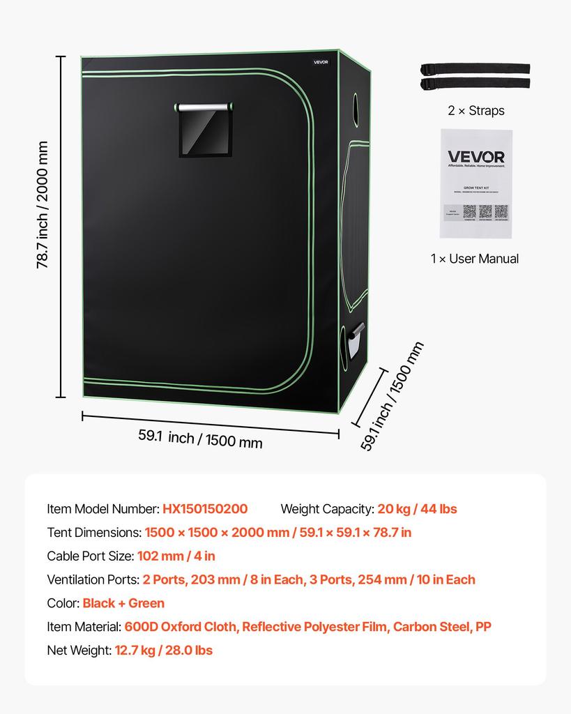 VEVOR Indoor Grow Tent Kit, 150 x 150 x 200cm, Indoor Plant Tent with Full Spectrum LED Grow Light & Ventilation System