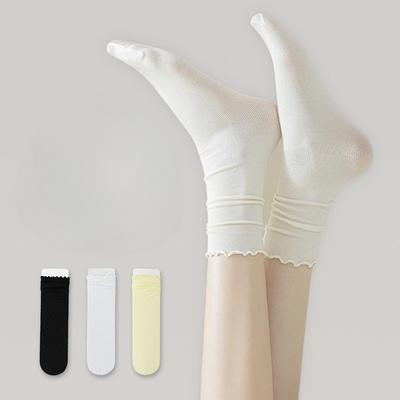 5 Pairs of Summer Ice Silk Cat Socks for Women, Thin Style with Black Fungus Edges, Middle Tube, White, Fluffy and Cute Ice Stockings
