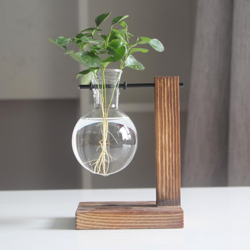 Creative Wooden Frame Hydroponic Vase with Glass Container for Desktop Decoration