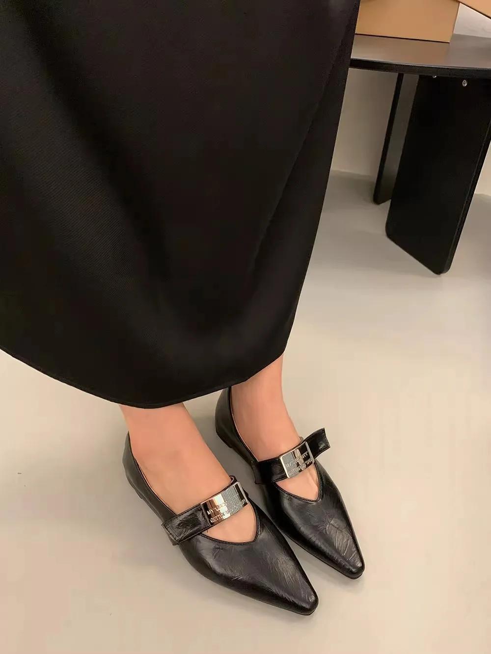 

Модные женские туфли на плоской подошве 2024 года, новые женские туфли Мэри Джейн с острым носком, модная обувь на плоской подошве, повседневные женские туфли Zapatos De Mujer 35 чёрный