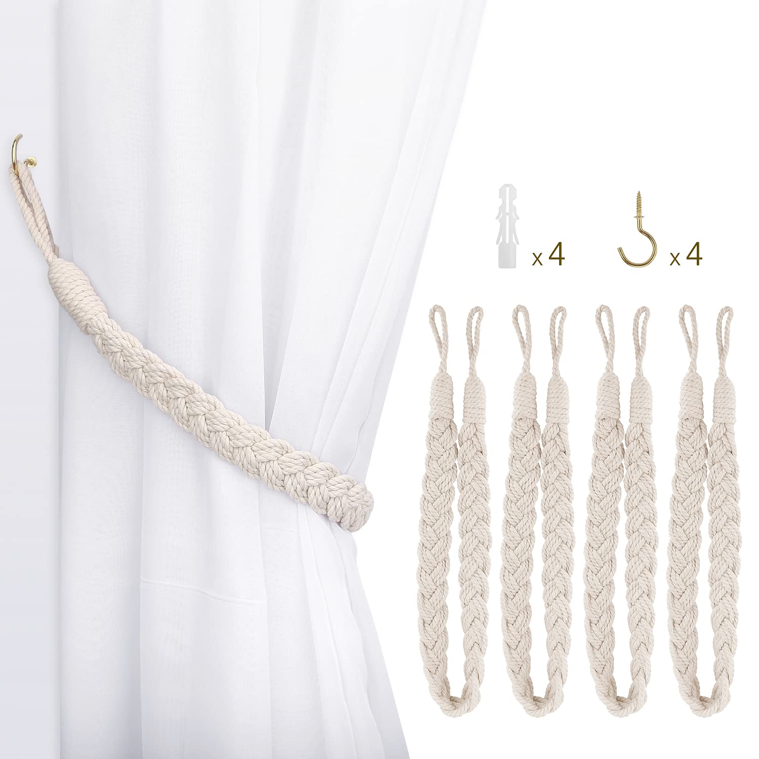 

Lewondr Комплект штор из плетеной веревки Изи с бежевыми кисточками, 4, Стиль, Установка, Крючки, бежевый
