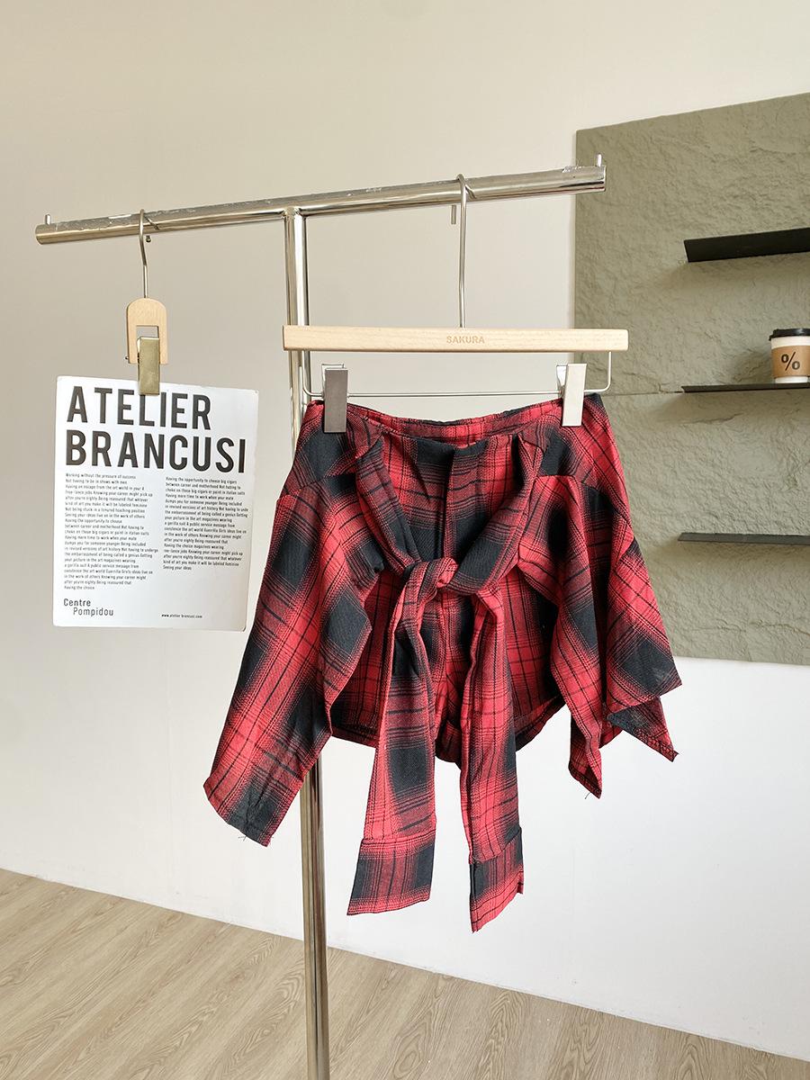 

2026 Summer Retro High-Waisted Plaid Two-Piece Skirt Shorts for Women XS червоний