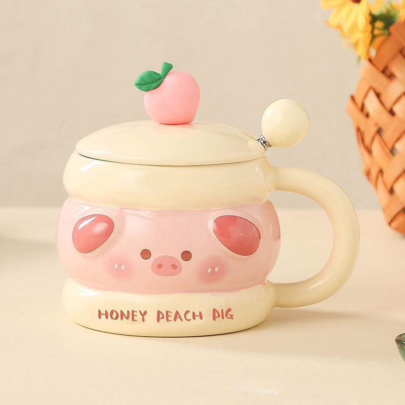 Cute Mug Ceramic Cup Girls with Lid Spoon Couple Water Cup Coffee Cup Birthday Gift Souvenir Creativity