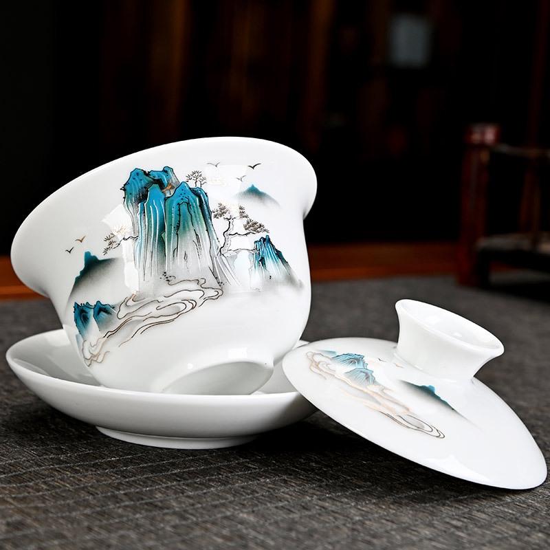 Craftsman Taihui's New High-white Household Hand-painted Gold-painted White Porcelain Sancai Cover Bowl Ceramic Tea Set Tea Bowl Printed Tea
