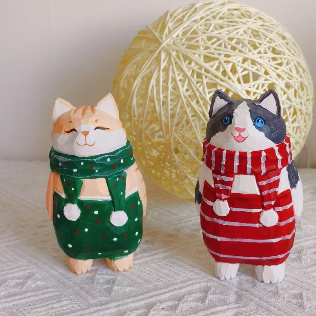 Handgeschnitzte Holzfigur einer schmutzigen Katze Niedliche Cartoon-Schreibtischdekoration Zum Verschenken