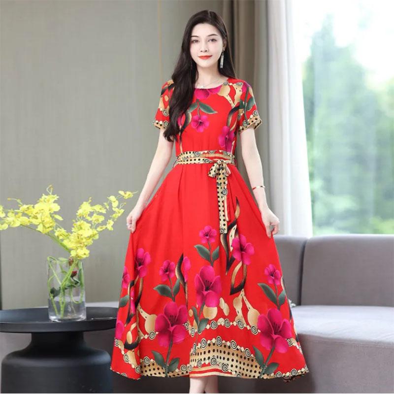 Cotton Silk Dress Female Mother's Dress Western Style Middle-aged and Elderly Plus Size Large Swing Skirt
